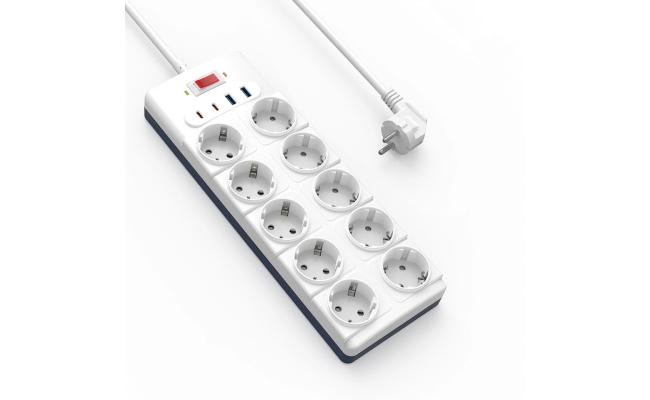 WiWU Wi-S008 GaN 14 in 1 High-Capacity Power Strip, 230V~16A Max, 3680W Max, Output interface: 2xType-C, 2x USB-A, 10xAC, 2M - White